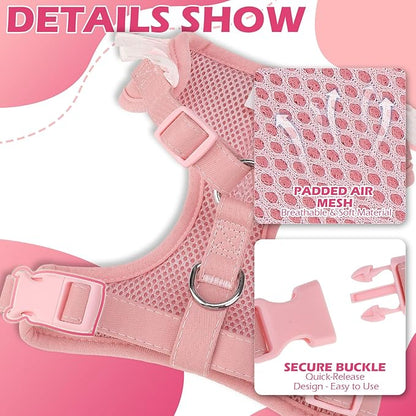 EXPAWLORER Cute Dog Harness, Pink Girl Adjustable No Pull Vest Harness and Leash Set, Soft Padded Step in Wedding Attire Suit Dress Costume with Bow Tie for Puppy Small Medium Female Dogs, Small