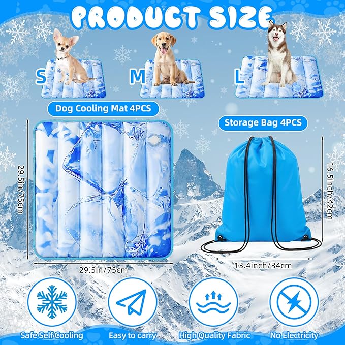 Chunful 4 Pack Dog Cooling Mat Water Injection Pet Cooling Mat for Dogs Cats with Storage Bags Washable and Foldable Pet Pad Summer for Small Medium Large Breeds of Doggy Bed Sofa Floor Car Seat(L)