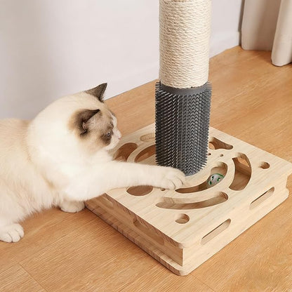30.3 Inch Large Cat Scratching Post, 4-in-1 Interactive Maze Base with Cat Self Groomer, Natural Pine Wood & Premium Sisal Scratching Pole, Anti-Slip Detachable Design for Indoor Cats