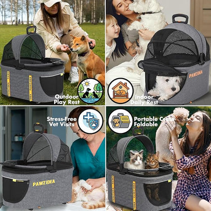 PAWZIDEA Pet Stroller 4-in-1, Foldable Dog Stroller with Detachable Carrier for Small Medium Dogs & Cats, Escape-Proof No-Zip Canopy, Lightweight Portable Travel Crate & Car Seat Combo, Storage Basket