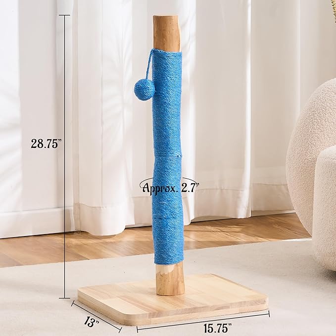 29" Tall Cat Scratching Post for Indoor Cats Adults, Extra-Stable & Natural Solid Wood Scratching Post Sisal Scratcher with Hanging Funny Ball, Blue