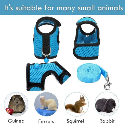 SATINIOR 2 Sets Guinea Pig Harness and Leash Adjustable Soft Mesh Harness Bell No Pulling Comfort Vest for Baby Ferret Rats Hamster Bunny Rabbit Chinchilla and Small Pet(Blue, Black,S)