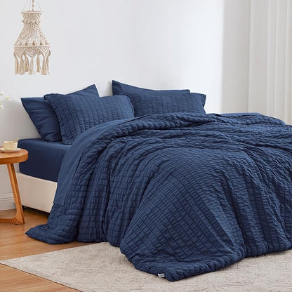 Love's cabin Seersucker Dark Blue Twin XL Comforter Set, 5-Piece All Season Lightweight Bed in a Bag Bedding Set with Comforter, Flat Sheet, Fitted Sheet, Pillowcase and Sham | Soft, Breathable, Lightweight