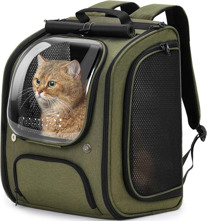 Pecute Cat Backpack Carrier, Large Space Cat Bubble Backpack, Breathable Cat Carrier, Shaded Dog Backpack Carrier, Ergonomic 3D Design for Travel, Hiking, Walk, Suitable for Shopping, Car, Vet, Green