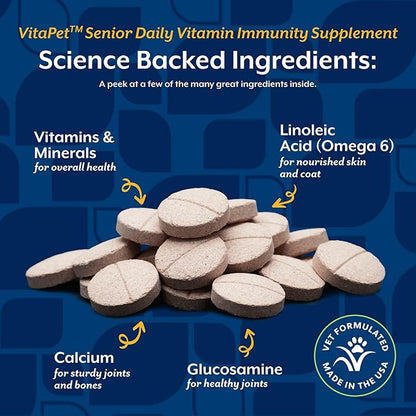 NaturVet –VitaPet Senior Daily Vitamins for Senior Dogs – Plus Glucosamine – Full Spectrum of Vitamins & Minerals – Enhanced with Glucosamine for Added Joint Support – 60 Time Release Tablets