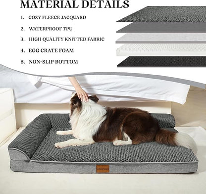 Orthopedic Dog Bed Large Sized Dog 36''X24'', Waterproof L Bolster Egg Crate Foam Pet Crate Beds with Washable Removable Cover, Non-Slip Soft Pet Couch Sleep Mat, Grey