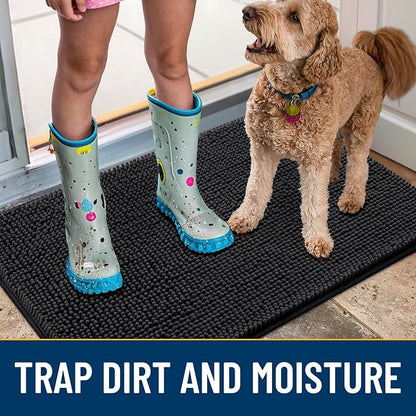 Smiry Dog Door Mat for Muddy Paws 44x24, Absorbs Moisture and Dirt Doormat, Non-Slip Washable Quick Dry Chenille Front Door Mat Indoor Entrance, Entryway Carpet for Inside Floor, Black
