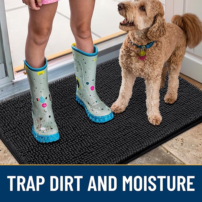Smiry Dog Door Mat for Muddy Paws 45x27, Absorbs Moisture and Dirt Doormat, Non-Slip Washable Quick Dry Chenille Front Door Mat Indoor Entrance, Entryway Carpet for Inside Floor, Black