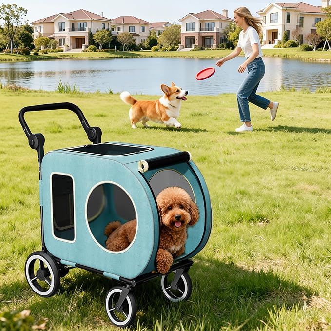 kepptory Dog Stroller with Large Dog House, XL Pet Stroller for 2 Small Dogs with Panoramic Sunroof, Adjustable Handle, Storage Organizer and Sturdy Metal Frame,32.4Lx19.3Wx23.6H(House Size)