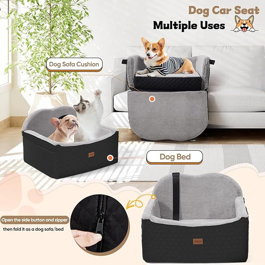 Dog Car Seats for Small Dogs, Detachable Dog Booster Car Seat with Storage Pockets Safety Belt, Pet Booster Cushion for Medium Dogs, Foldable Pet Sofa Cushion & Travel Bed
