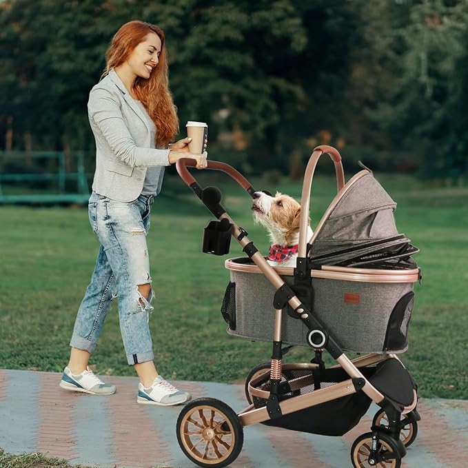 Bicystar Pet Stroller for Medium Dogs, Smooth-Ride Dog Stroller with Detachable Carrier, Rubber Wheels, Car Seat Combo 3-in-1, Up to 50 lbs, for Senior Dogs & Cats, Grey