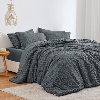 Love's cabin Seersucker Charcoal Grey Full Comforter Set, 7-Piece All Season Lightweight Bed in a Bag Bedding Set with Comforter, Flat Sheet, Fitted Sheet, Pillowcases and Shams | Soft, Breathable, Lightweight