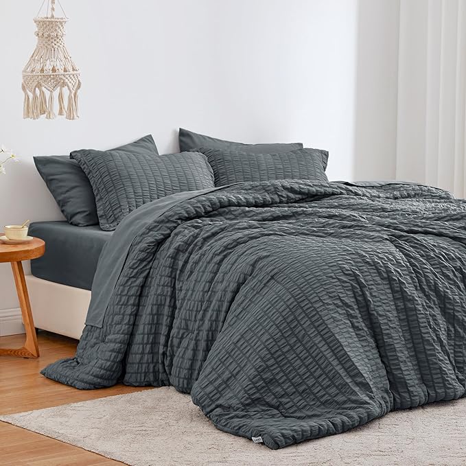 Love's cabin Seersucker Charcoal Grey Twin XL Comforter Set, 5-Piece All Season Lightweight Bed in a Bag Bedding Set with Comforter, Flat Sheet, Fitted Sheet, Pillowcase and Sham | Soft, Breathable, Lightweight