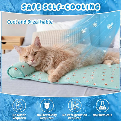 DoubleFill 4 Pack Cooling Dog Mats with Supportive Pillow 15.7" x 23.6" Self Cooling Dog Pads Ice Silk Washable Pet Cool Mat Summer Cat Sleeping Pad with Storage Bag for Crate Bed Floor (Small, Green)