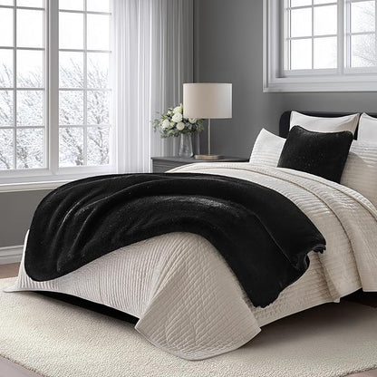 EVERGRACEHOME Luxury Soft Faux Chinchilla Fur Throw Blanket for Couch, Warm Thick Heavy Winter Throw Blanket 1220GSM for Bed, Fluffy Cozy Mink Blanket with Reversible Velvet, Black Noir Mink, 60"x80"
