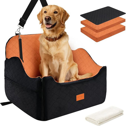 XEEP Dog Car Seat for Medium/Large Dogs Up to 60lbs, Dog Booster Seat with Memory Foam Cushion, Washable Pet Car Seat with Safety Belt & Pee Pad & Blanket, Fits in Back Seat(Black/Brown)