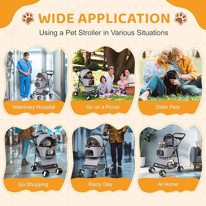 ZENY Pet Stroller, 3 in1 Foldable Dog Cat Jogger Stroller with 4 Wheels, Detachable Basket and Cup Holder, Travel Folding Carrier for Small/Medium Pet (Gray)