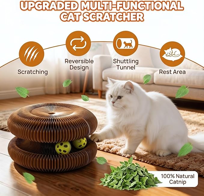 Twisty Paws Cat Toy - Magic Organ Kitty Curl Scratcher with Bell-Ball, Magnetic & Foldable Cardboard Shape Shifting, Interactive Accordion Kurlz Board for Indoor Cats