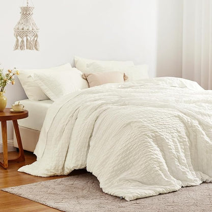 Love's cabin Seersucker Ivory Twin XL Comforter Set, 5-Piece All Season Lightweight Bed in a Bag Bedding Set with Comforter, Flat Sheet, Fitted Sheet, Pillowcase and Sham | Soft, Breathable, Lightweight