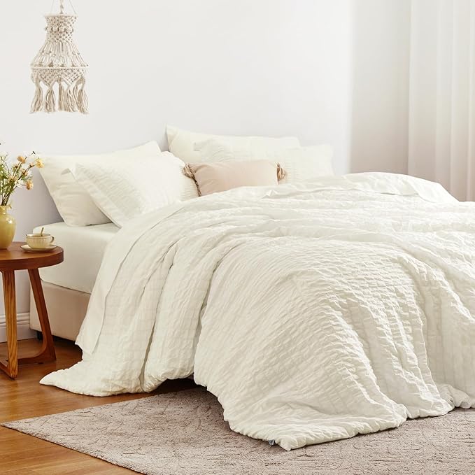 Love's cabin Seersucker Ivory Queen Comforter Set, 7-Piece All Season Lightweight Bed in a Bag Bedding Set with Comforter, Flat Sheet, Fitted Sheet, Pillowcases and Shams | Soft, Breathable, Lightweight