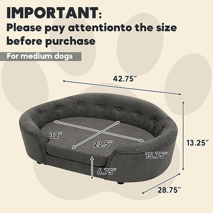 Dog Couch Bed with Oval Semi-Enclosed, Durable Linen Material Pet Sofa with Soft Foam Cushion, Dog Sofa Bed with Legs for Medium Dogs, Dark Grey
