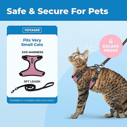 Voyager Escape-Proof Step-in Lock Cat Harness & 5ft Neoprene-Handle Leash Set All-Weather Mesh with Reflective Stitching for Small to Large Cats by Best Pet Supplies, Black Trim-Pink (327), XXS