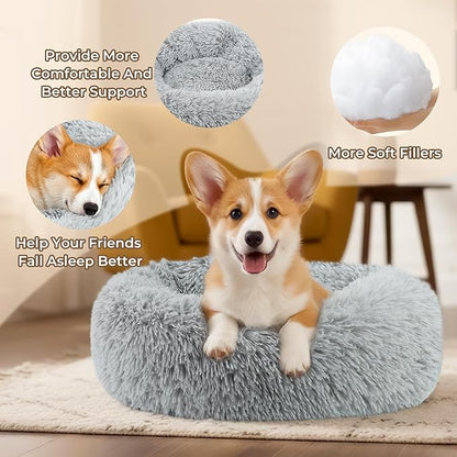 Calming Anti-Anxiety Donuts Dog And Cat Bed, Round Fluffy Soft Washable Pet Bed For Small Medium Dogs And Cats, Cuddler Warming and Comfortable Cushion, Luxury Anti-Slip Waterproof Mute Base 24in Gray