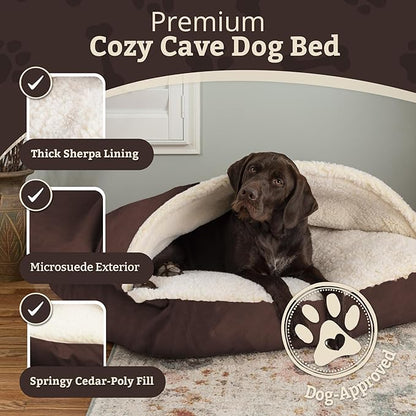 Snoozer Rectangle Cozy Cave Dog Bed - Indoor Dog Bed with Cover Cave, Covered Calming Burrow for Medium & Large Sized Pets with Blanket Attached, Enclosed, Washable Cover - Large, Hot Fudge