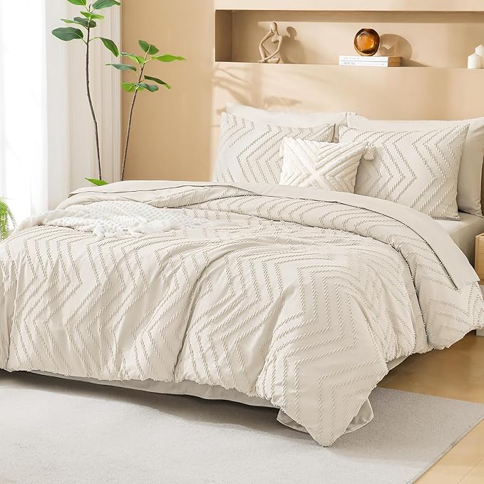 Litanika Super King Size Comforter Set with Sheets Beige - 7 Pieces Bed in a Bag Oversized King Boho Tufted Complete Bedding Sets with Comforter, Sheets, Pillowcases & Shams