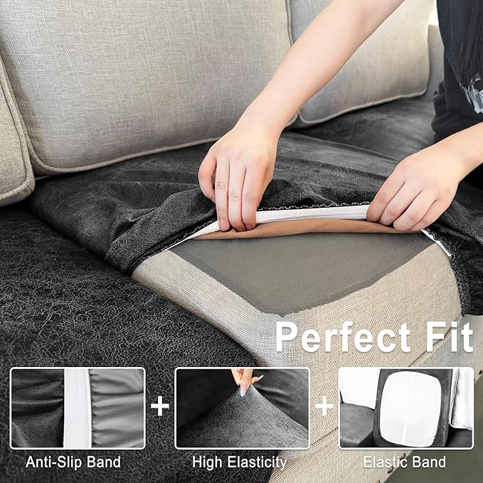 ANARACHON Leather Look Couch Cushion Covers Sofa Seat Slipcovers Sets Couches Furniture Protector for Sectional Armchair Loveseat Pets Kids Stretch Spandex Fabric (1 Cushion Loveseat, Dark Grey)