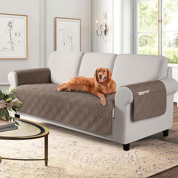 TAOCOCO Waterproof Couch Covers for Pets Dogs with Non Slip Backing, Sofa Seat Covers with Side Pocket for 3 Cushion Couch Washable Dog Couch Cover Protector Sofa Slipcovers(Sofa, Taupe)