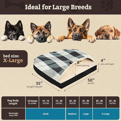 Snoozer Rectangle Cozy Cave Dog Bed - Indoor Dog Bed with Cover Cave, Covered Calming Burrow for Large Sized Pets with Blanket Attached, Enclosed, Washable Cover - XL, Barkley Black Diamond