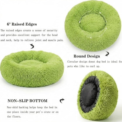 Calming Donut Dogs Beds for Small Dogs Washable,23inch Plush Round Pet Bed for Cozy Sleep,Fluffy Faux Fur Large Cat Bed,Fits up to 25 lbs Pets,Green