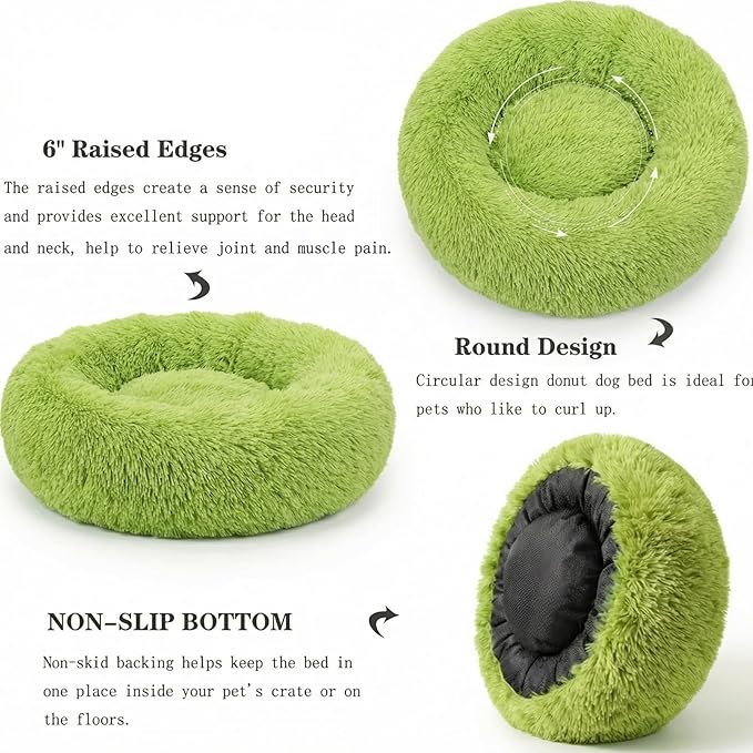 Calming Donut Dogs Beds for Small Dogs Washable,19inch Fluffy Round Puppy Bed for Puppies,Cats & Toy Breeds with Raised Rim,Fits up to 15 lbs Pets,Green