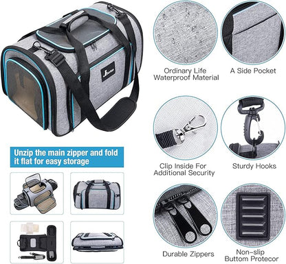 Siivton Pet Carrier Airline Approved, 4 Sides Expandable Cat Carrier Bag with Removable Fleece Pad, Large Soft Sided Pet Travel Carrier, Dog Carrier for Cats, Puppy and Small Dogs