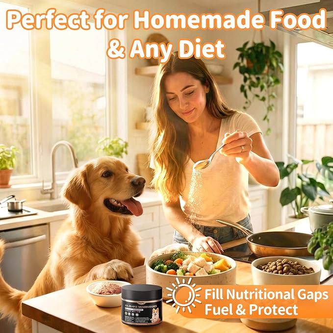 Dog Vitamins and Supplements for Daily Energy, Immune, Antioxidants, Gut, Skin & Coat, Dog Multivitamin Powder for Homemade Food with L-Carnitine, Taurine, Probiotics - Beef Flavor, 75 Scoops