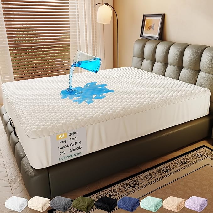 OhGeni 100% Waterproof Mattress Protector,Full Size Mattress Soft Pad,Pet Hair & Bedwetting Resistant,Cooling Breathable Fitted Sheets,Washable Bed Cover,Non-Slip Deep Pocket,Noiseless for Guest Rooms