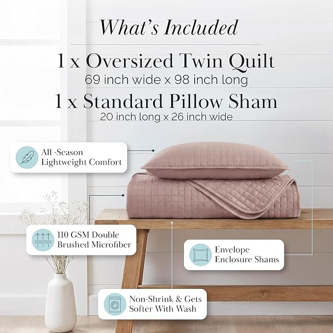 Southshore Fine Living, Inc. Twin Quilt Bedding Set, Soft Brushed Microfiber Quilt, Twin Coverlet Bedspread, Wrinkle & Pet Hair Resistant Bedding, Easy Care, with 1 Pillow Sham, Lavender
