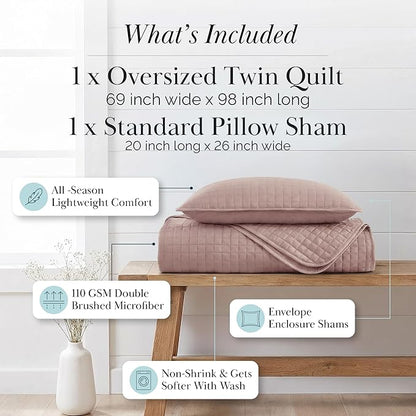 Southshore Fine Living, Inc. Twin Quilt Bedding Set, Soft Brushed Microfiber Quilt, Twin Coverlet Bedspread, Wrinkle & Pet Hair Resistant Bedding, Easy Care, with 1 Pillow Sham, Lavender