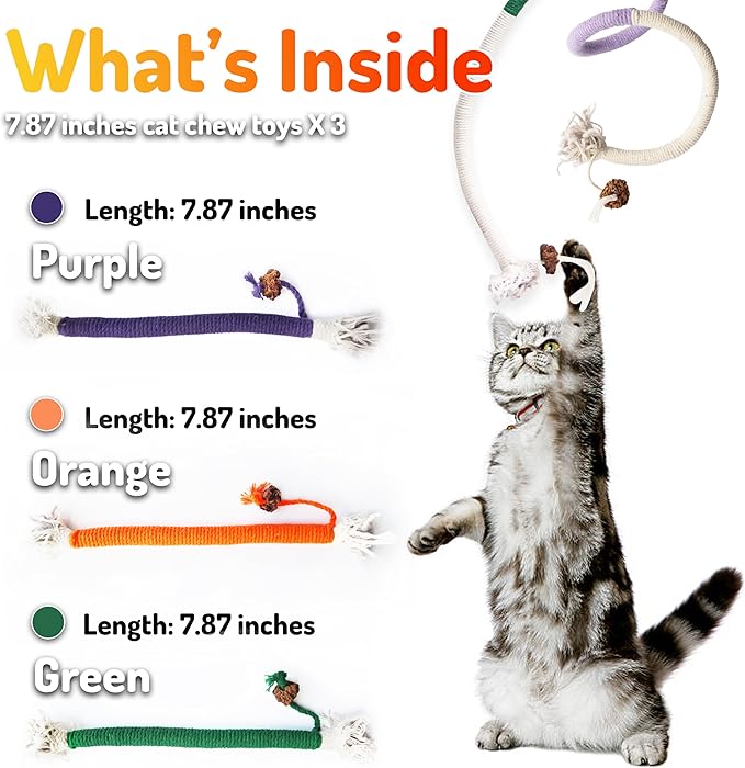 Cat Chew Toys 3PCS Sisal Ropes Toys for Indoor Cats Teeth Cleaning Toys for Kitten, Bite Resistant Catnip Toys Interactive Play Cat Nip Kitty Kicker Toys for All Breeds