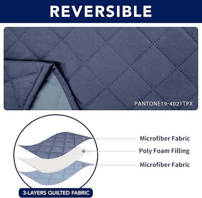 PureFit Water Resistant Reversible Loveseat Recliner Couch Cover for Double Recliner with Console – Non Slip Split Sofa Cover, Washable Reclining Cover for 2 Seat Recliner (Dark Blue/Light Blue)