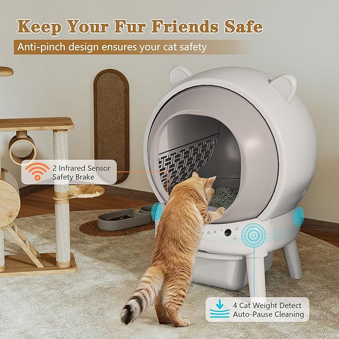 PUPETPO Self Cleaning Litter Box, Automatic Cat Litter Box for Multiple Cats, Auto Litter Box Robot with APP Control, Dual Safety Sensors, Odor Control&Low Noise, Cat Ears Design, Ivory White
