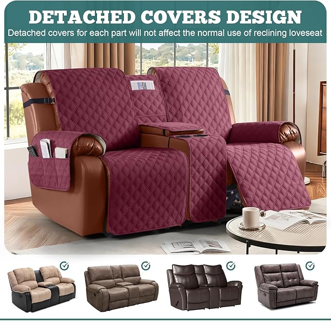 Ruaozz Waterproof Loveseat Recliner Cover with Console Non-Slip Reclining Couch Covers Split Sofa Slipcovers with Elastic Straps Furniture Protector for Kids, Dogs, Pets (Wine, 2 Seater)