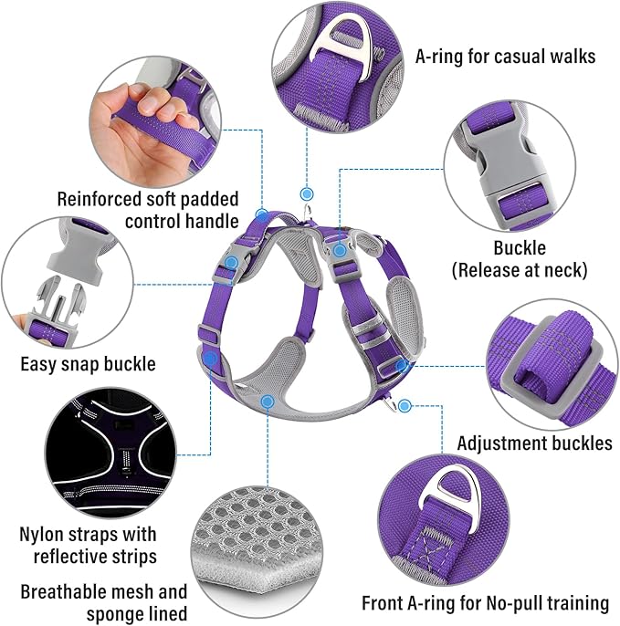 Plutus Pet No Pull Dog Harness, Release at Neck, Reflective Adjustable Dog Vest Harness, Easy Control Handle for Walking, for Small Medium Large Dogs, Purple, XL