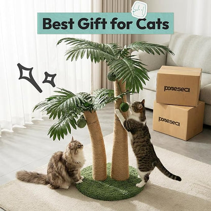 33" Tall Cat Scratching Post, Natural Jute Cat Scratcher for Indoor Cats, Double Coconut Tree Design with Hanging Toy Ball & Rest Platform,Stable Furniture Protector for Kittens & Adult Cats,M