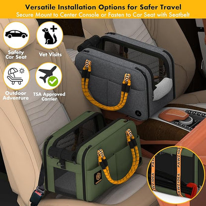 PAWZIDEA Center Console Dog Car Seat, Enclosed Small Dog Armrest Booster Carseat, Secure Straps &Anti Slip, Portable TSA Approved Puppy Pet Carrier Soft-Sided, Removable Pillow Storage Pocket, up 12lb