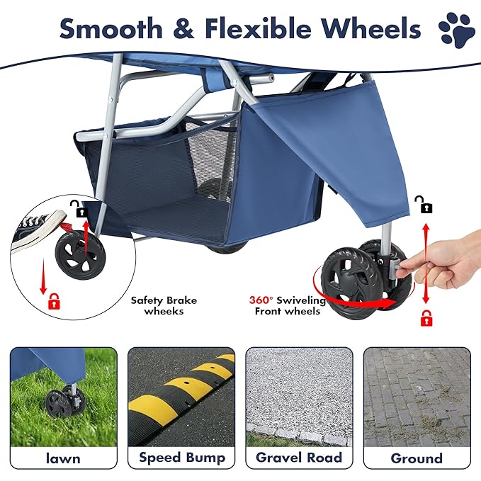 NEWBULIG 3 Wheel Pet Stroller for Dogs and Cats, Foldable, Lightweight and Durable, Ideal for Small to Medium Pets, Includes Storage Basket and Cup Holders