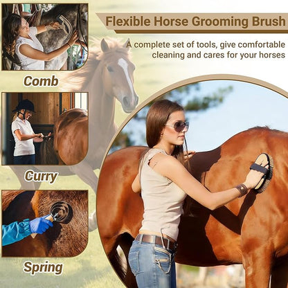 Horse Grooming Kit, 14-in-1 Professional Horse Brush Supplies Set for Grooming & Care, with Horse Brushes, Curry Comb, Hoof Pick & Waterproof Storage Tote Bag for Shining, Detangling, Massaging(Khaki)