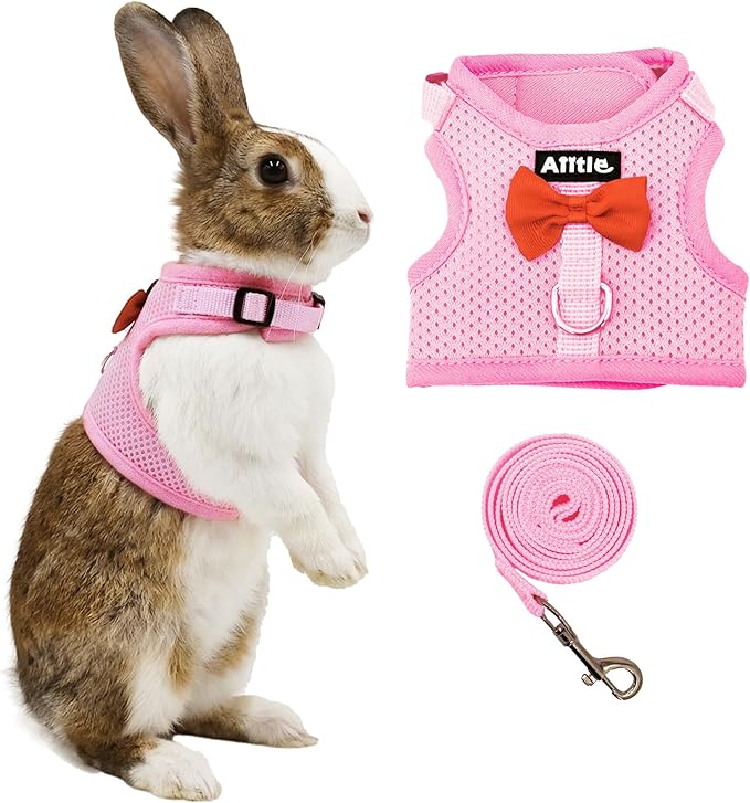 AIITLE Bunny Harness and Leash Set with Cute Bow, Soft Breathable Mesh Vest Harness for Rabbits Kitten Ferret Small Pig Puppy Walking Supplies Pink M