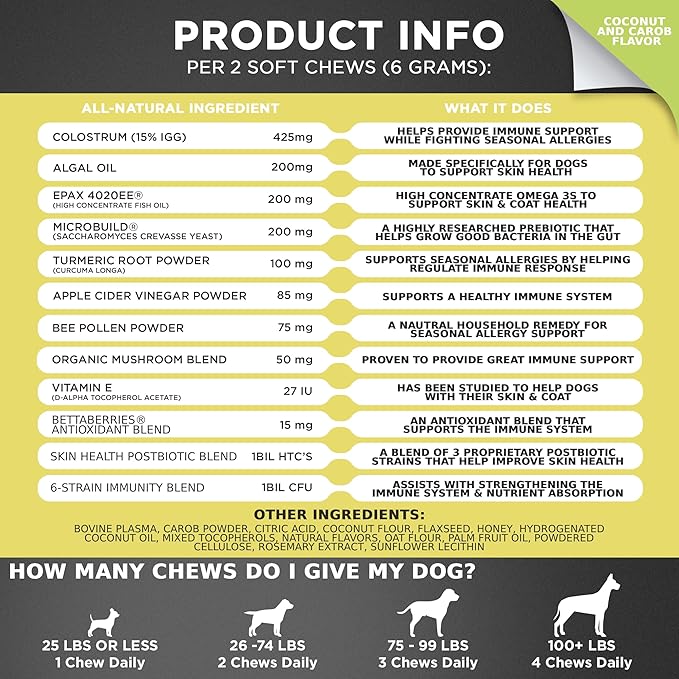 Googipet Dog Allergy Chews, Seasonal Dog Allergy Relief & Itchy Skin Relief, Skin & Coat Supplement +Bee Pollen, Colostrum, Coconut Oil, Probiotics, & Omega 3 Fish Oil for Dogs